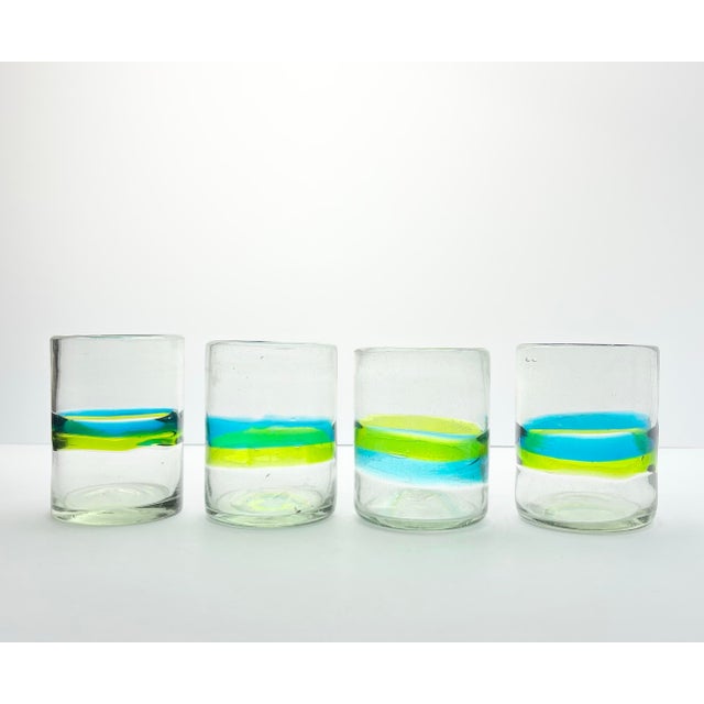 4 Mexican Handblown Aqua Blue Lime Green Banded Tumbler Drinking Glasses 4” 14oz Excellent condition. No chips, cracks, or...