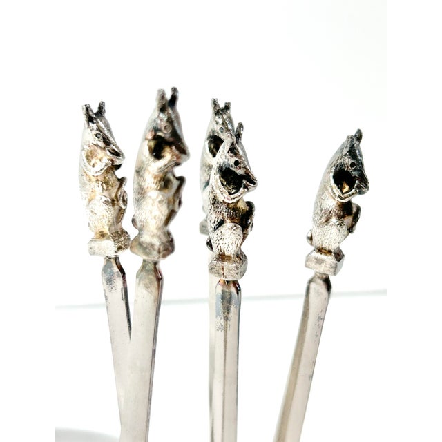 Silver Vintage Silverplate Animal Cocktail Picks – Set of 6 Figural Barware Skewers, Mid Century Entertaining, Holland With Original Box For Sale - Image 8 of 10