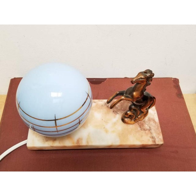 French Art Deco Horse Table Lamp with Blue Glass Globe and Veined Marble Base, 1920s For Sale - Image 3 of 10