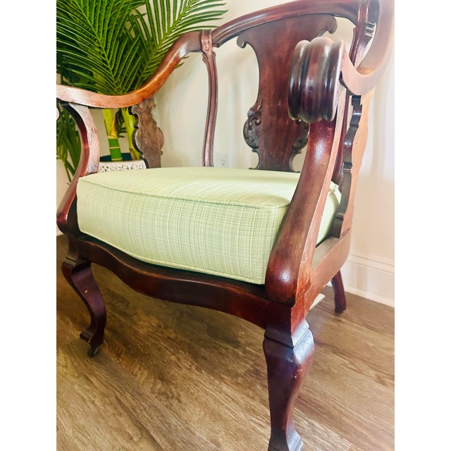 Mid 20th Century Vintage Queen Anne Mahogany Armchair With Sage Green Upholstery For Sale - Image 5 of 7