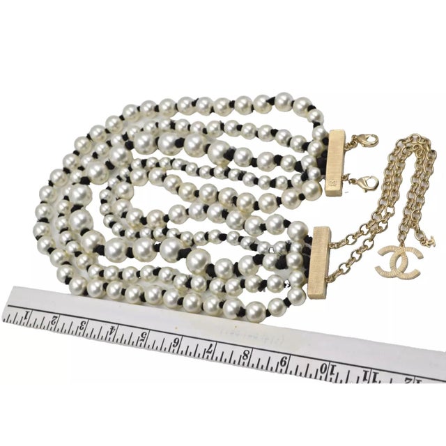 Metal Chanel Necklace CC Logo 2016 20 28 in Faux Pearl Ribbon 5 Multi Rows White Black Ribbon For Sale - Image 7 of 11