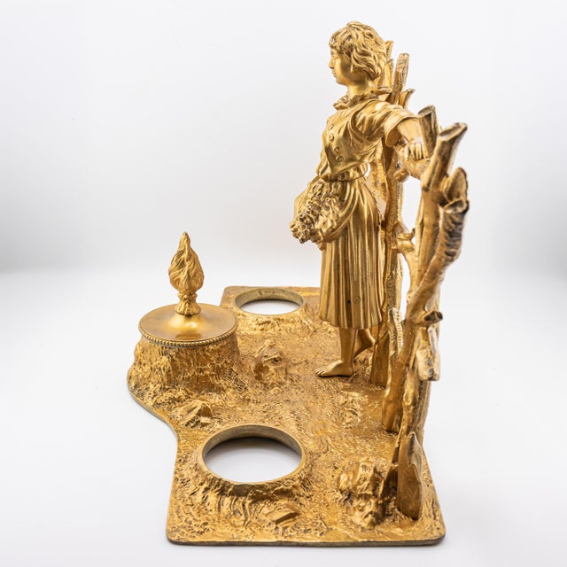 Art Nouveau Early 20th Century Reproduction Gilt Bronze Hand-Cut Crystal Inkwell After Demetre H.Chiparus For Sale - Image 3 of 18