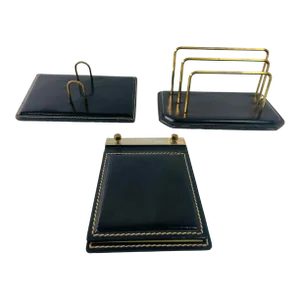 Vintage Art Deco Black Leather Saddle Stitching Desk Set