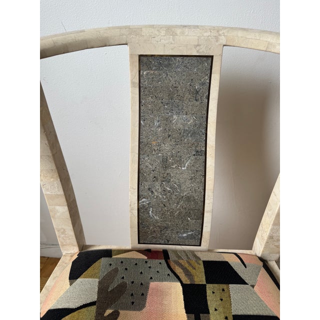 Ming style tessellated stone flared arm chair. Shades of beige accented with brass framed gray stone inlay. Only change to...