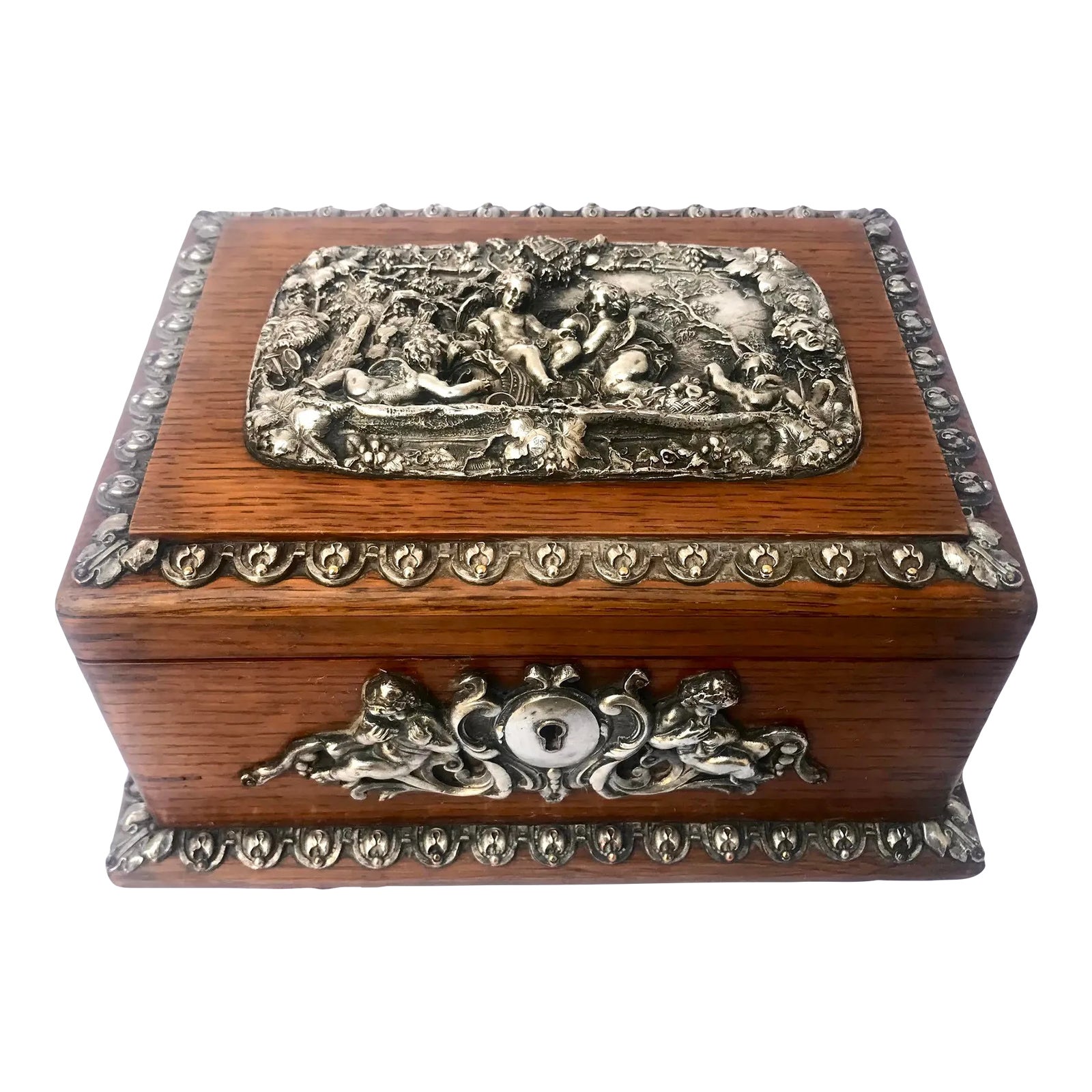 Antique Silver Mounted Oak Wood Jewelry Box Art Nouveau Designs Chairish