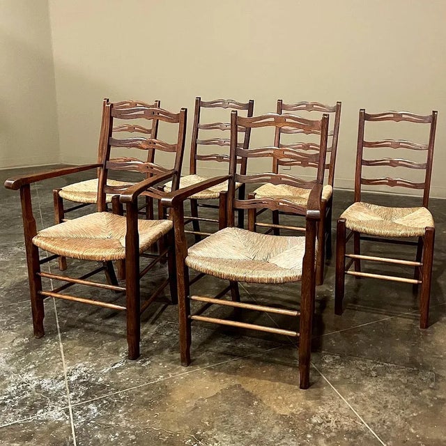 French Provincial Set of 6 Country French Dining Chairs With Rush Seats Includes 2 Armchairs For Sale - Image 3 of 13