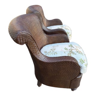 Rattan Wicker Lounge Chairs by Hickory Chair, Upholstered in Colefax & Fowler, Set of 2 For Sale