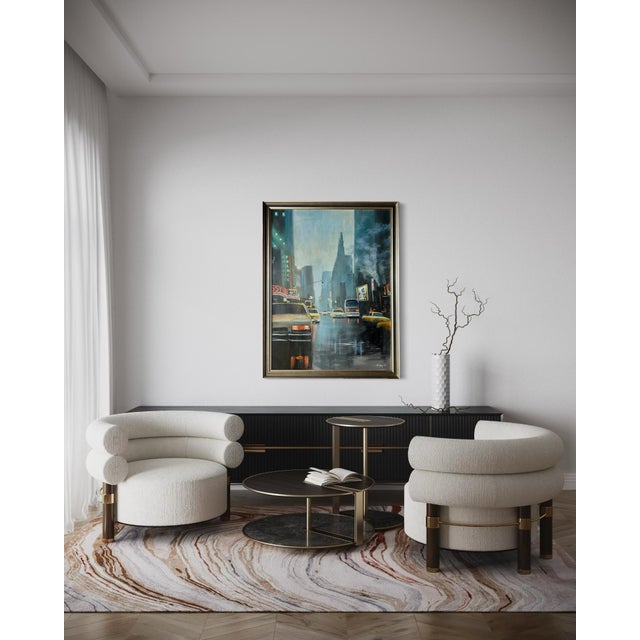 A large oil on linen painting signed B. Trotsky, dated 1992, depicting Broadway looking south through Times Square. Yellow...