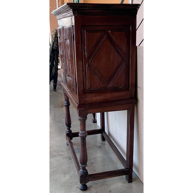 19th Catalan Spanish Cabinet on Stand in Carved Walnut and Iron Stretcher For Sale In Miami - Image 6 of 12