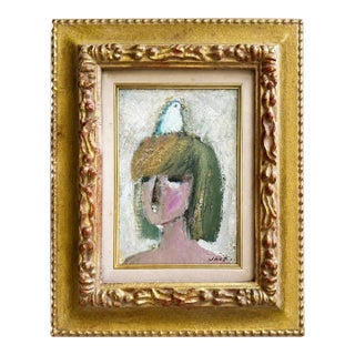 1970s Japanese Modernist Oil Painting “Bird and Girl” Signed For Sale