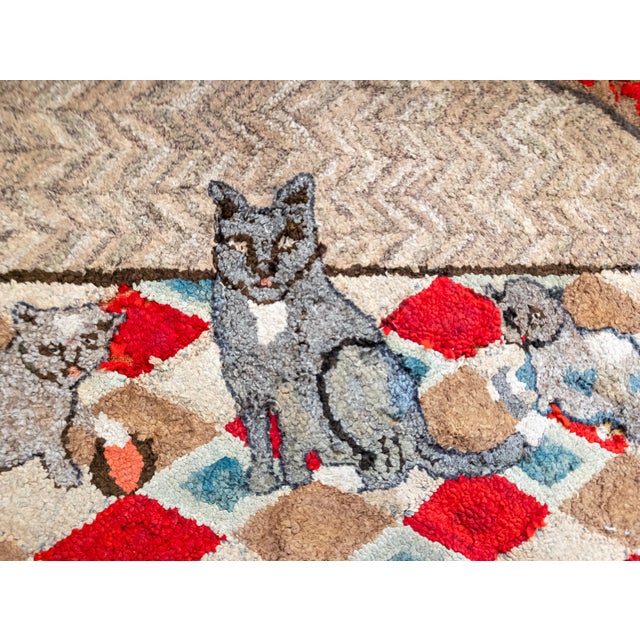 19th or 20th Century American Folk Art Hooked Rug With Cat and Two Kittens For Sale - Image 10 of 14