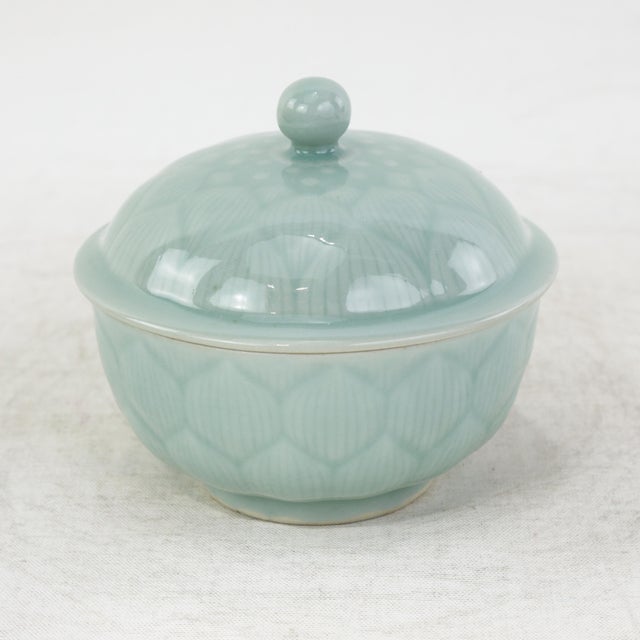 Vintage Chinese Celadon Green Lotus Flower Carved Porcelain Covered Bowl For Sale - Image 4 of 13