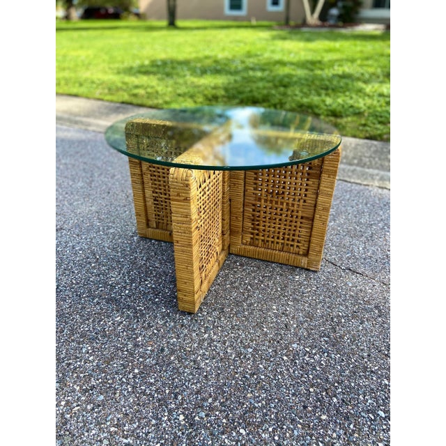 Modular Woven Rattan Block Side Table or Petite Coffee Table with Round Glass Top What a great center piece for your...