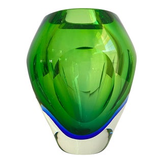 Vintage Art Glass Sommerso Vase Green Blue Faceted Glass For Sale