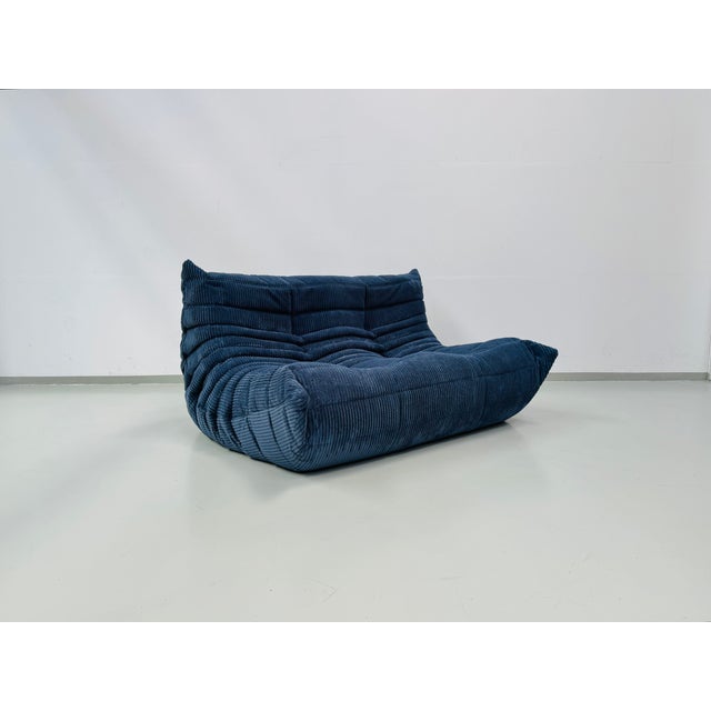 French Togo 2-Seater Sofa in Blue Corduroy attributed Michel Ducaroy for Ligne Roset, 1970s For Sale - Image 5 of 12
