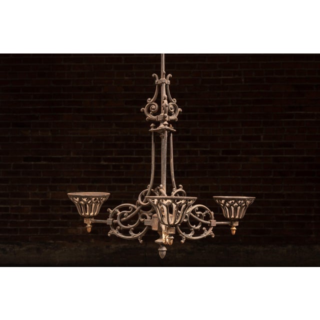Early 20th Century Antique Cast Iron Gothic Revival Three-Light Chandelier For Sale - Image 5 of 12