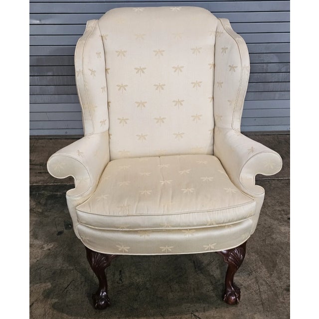 Queen Anne Late 20th Century Kindel Winterthur Collection Clawfoot Wing Chair Yellow Silk Drangonfly Fabric For Sale - Image 3 of 7