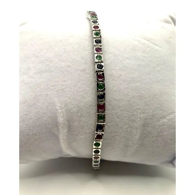Art Deco Style Sterling Silver Ruby, Emerald & Sapphire Tennis Bracelet, 9 Ct For Sale - Image 4 of 14