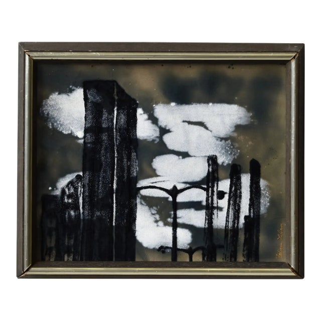 Vintage Abstract Cityscape Enamel Artwork by Felicia Liban, Circa 1970s-80s For Sale