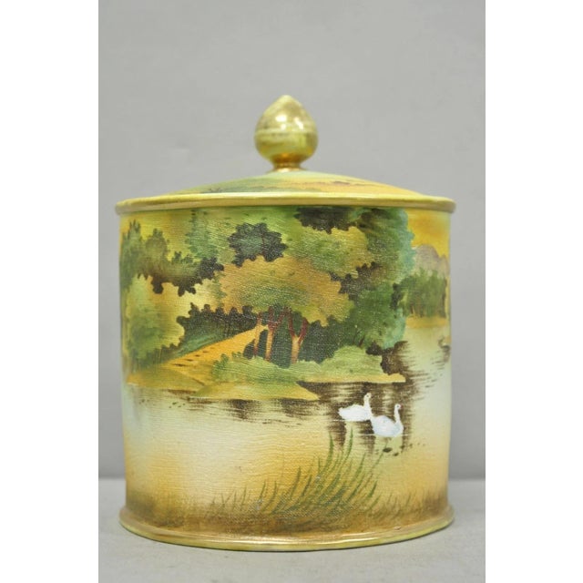 Chinoiserie Antique Nippon Hand Painted "Tapestry" Porcelain Lake & Duck Humidor Biscuit Jar For Sale - Image 3 of 18