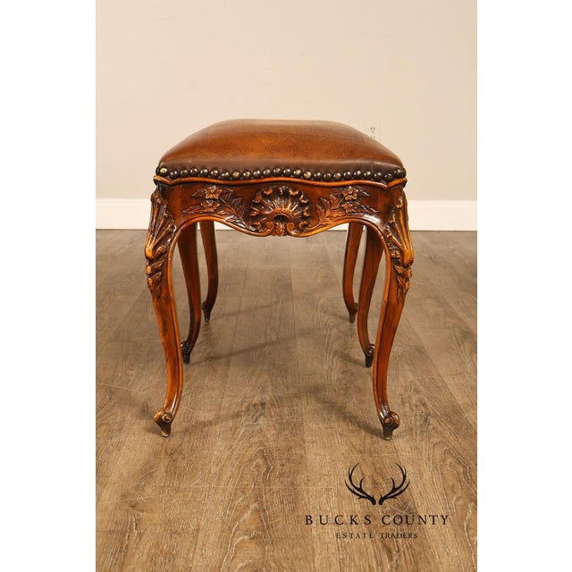 Rococo Style Leather Upholstered Carved Mahogany Window Bench For Sale - Image 10 of 18