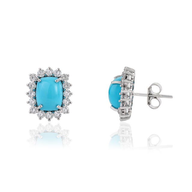 Vintage Inspired 14k Gold 3.88ct Turquoise & Diamond Stud Earrings- A Pair For Sale - Image 4 of 14