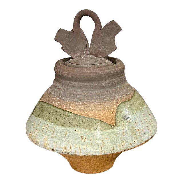 Large Vintage Lidded Vessel, Signed, Hand-Thrown Pottery in Nature’s Colors, Glazed Around Outside Center and Inside Pot and Lid, Earthen-Ware Jar For Sale