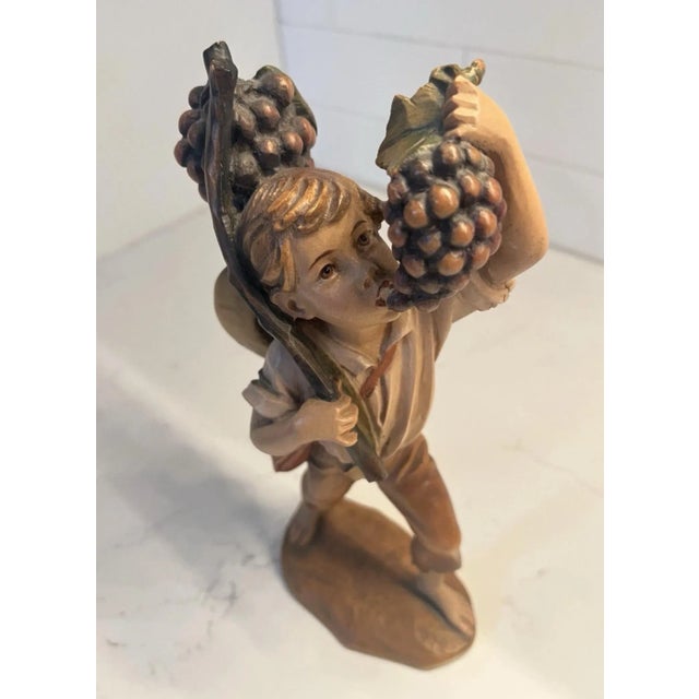 1980s Vintage German Oberammergau Anri Wood Carving Figure 10” Tall. Boy Eating Grapes For Sale - Image 5 of 9