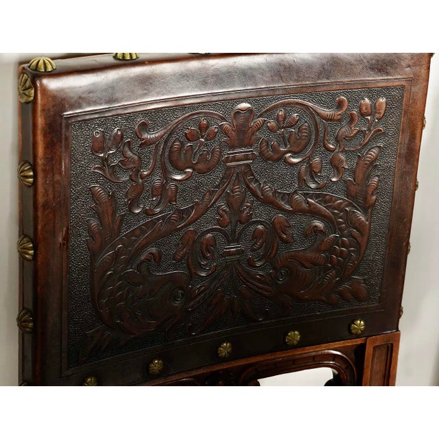 Spanish Revival Leather Embossed Carved Dining Chairs-Set of 6 For Sale - Image 4 of 7