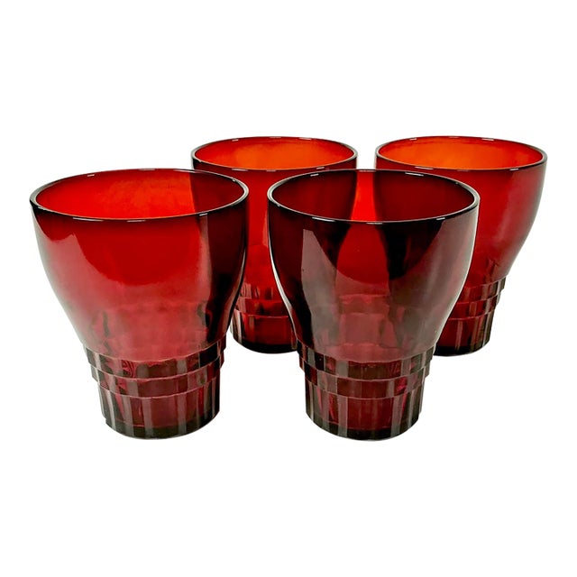 1940s Vintage Art Deco Boho Chic Hollywood Regency Ruby Red Lowball Glasses - Set of 4 For Sale