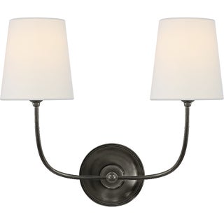 Thomas O'Brien for Visual Comfort Signature Vendome Double Sconce in Bronze with Linen Shades For Sale