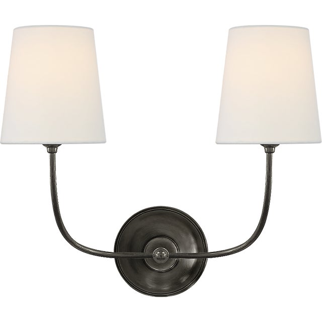 Thomas O'Brien for Visual Comfort Signature Vendome Double Sconce in Bronze with Linen Shades For Sale