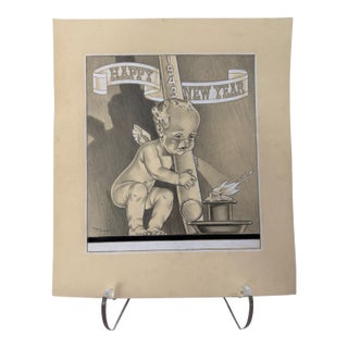 Original Signed Graphite Illustration of Cherub Celebrating New Year 1943, 11 × 9.5 In. For Sale