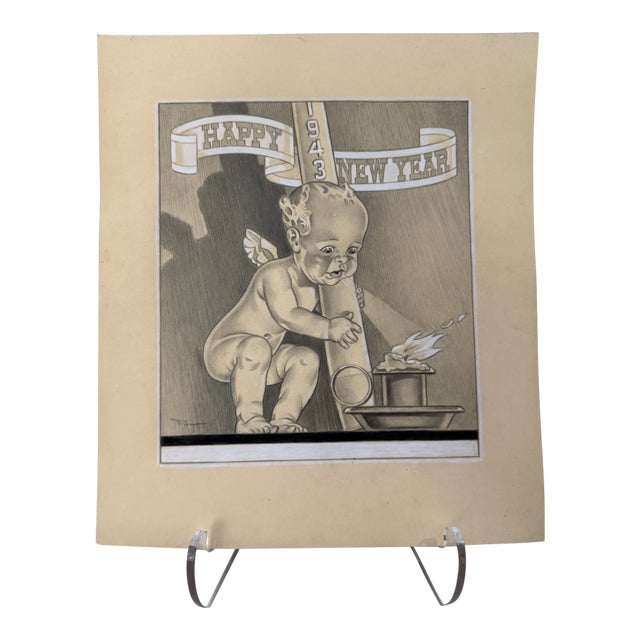Original Signed Graphite Illustration of Cherub Celebrating New Year 1943, 11 × 9.5 In. For Sale