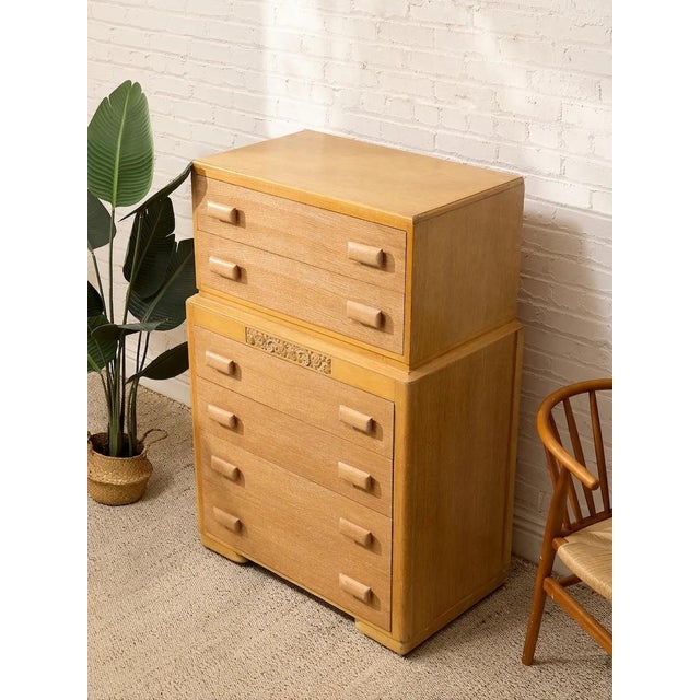 Vintage Art Deco Blonde Wood Highboy Dresser with Carved Detail Who knew your dresser could look so good? Our Vintage...