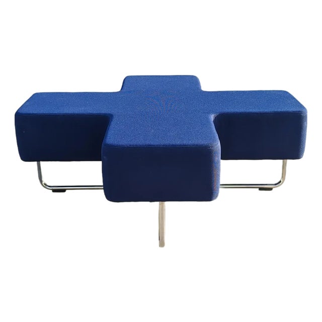 Late 20th Century Postmodern Allermuir "Cross" Modular Bench Blue Upholstered Chrome Ottoman For Sale
