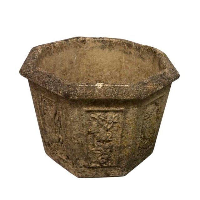 Pair of Vintage Hexagonal Cast Stone Garden Planters With Relief Wildlife Panels For Sale - Image 4 of 12