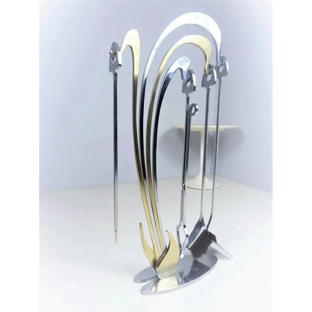 Silver Fire Irons with Stand in Brass and Stainless Steel by Jacques Charles for Maison Charles, 1970s, Set of 5 For Sale - Image 8 of 12