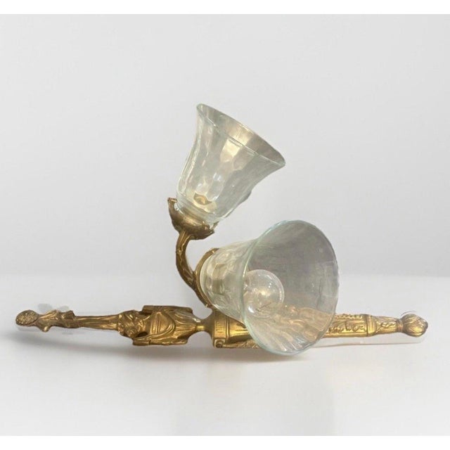 Brass Vintage Neoclassical Gilt Brass Figural Three-Light Wall Sconces - a Pair For Sale - Image 8 of 12