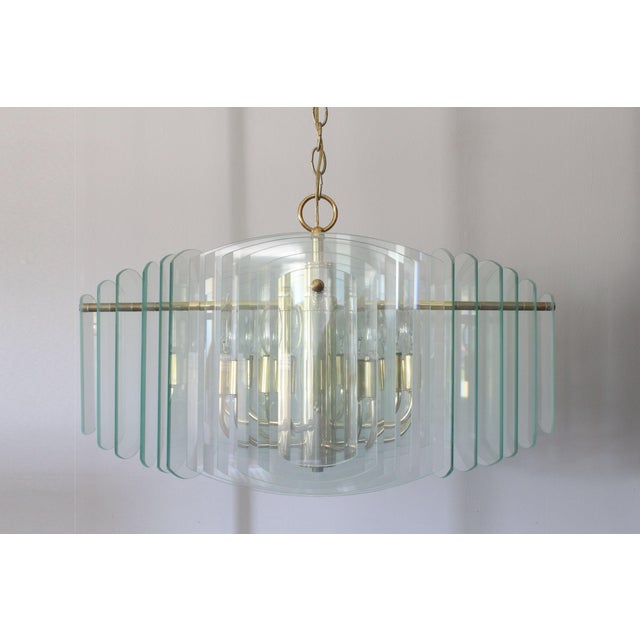 1990's Art Deco Brass and Glass Panel 8 Light Art Deco Chandelier by ...