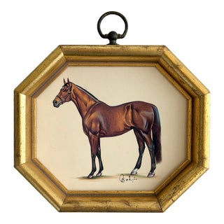 Original Hand-Painted Horse Painting Framed in a Vintage Octagonal Frame For Sale