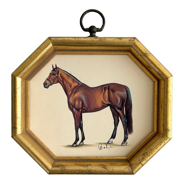 Original Hand-Painted Horse Painting Framed in a Vintage Octagonal Frame For Sale