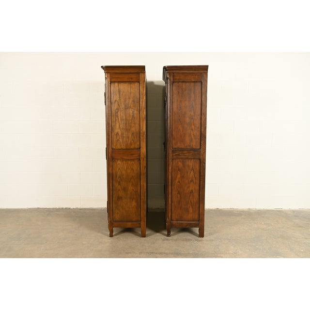 Baker Furniture French Provincial Louis XV Carved Oak Armoire Dressers or Linen Presses, Pair For Sale - Image 16 of 18