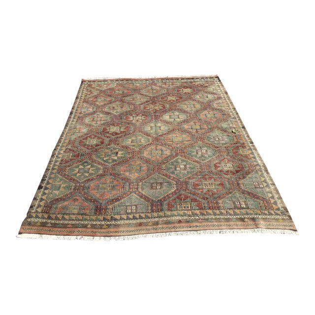 Vintage Rustic Turkish Kilim Rug - 80" X 103" For Sale
