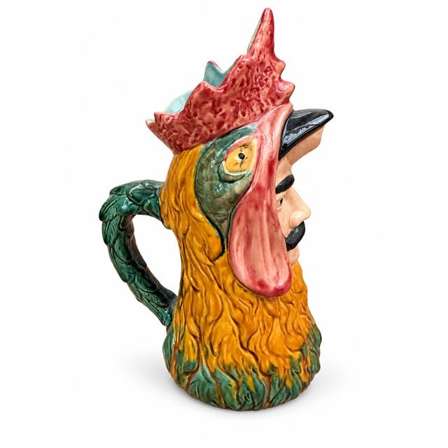 Figurative Pitcher in Polychrome Earthenware of Rooster with a Hidden Mans Face, 1890s For Sale - Image 4 of 8
