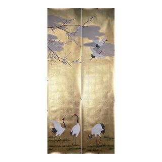 Hand‑Painted Gold Leaf Chinoiserie Mural Panels, Red‑Crowned Crane & Plum Blossom, Set of 2 For Sale