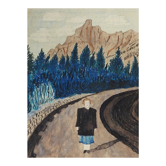1940s Outsider Folk Art Woman in Mountain Landscape Painting For Sale