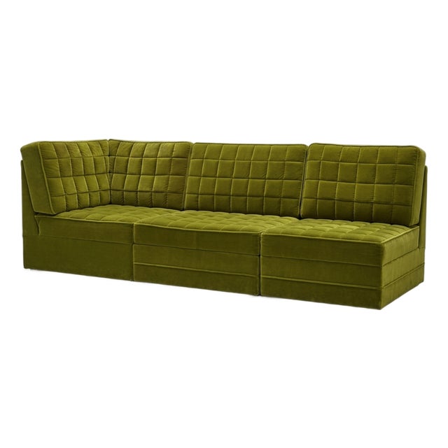 Mid-Century Modern Modular Sofa in Olive Green Velvet, 1970, Set of 3 For Sale