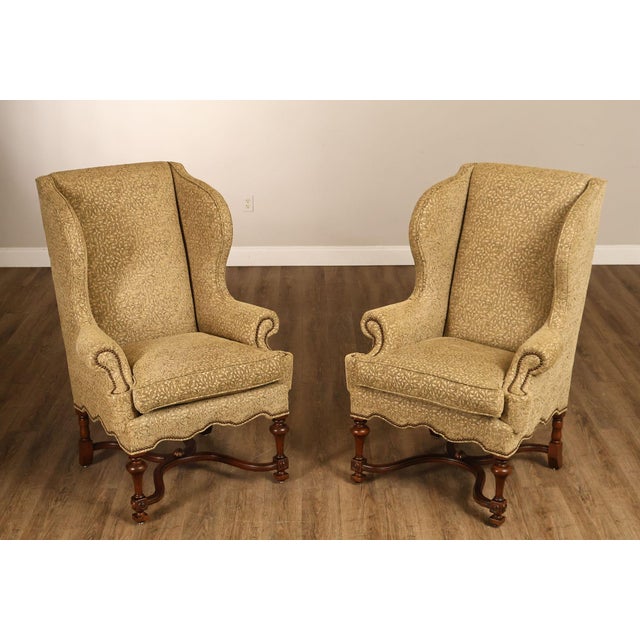 High Quality American Made Pair Of Lee Jofa Upholstered Wingback Armchairs In The Mayfair Model, Featuring Classic High...