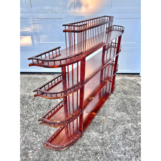 Rustic Vintage Folk Art Five Tiered Wood Shelf With Gallery Railing For Sale - Image 3 of 8